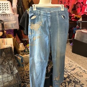 Y2K Cache Light Blue Straight Leg Jeans with rose gold Embroidery size 8